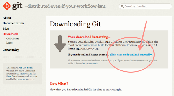 Git のダウンロードページ「click here to download manually.」をクリック