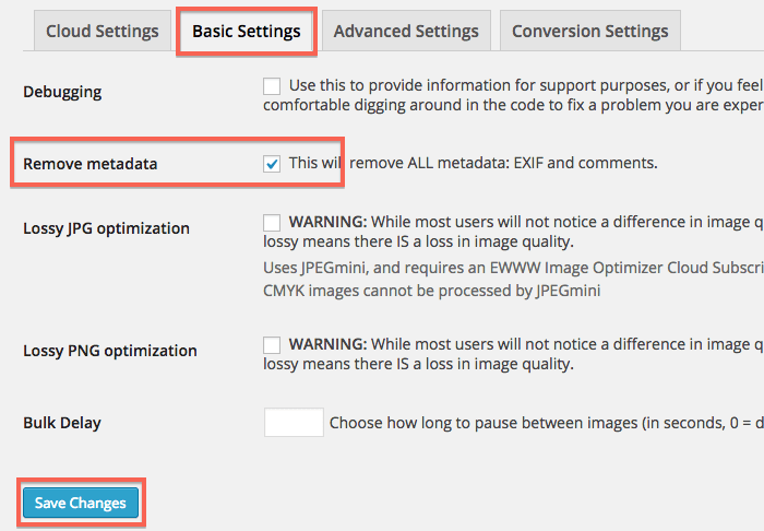 「Basic Settings」タブを開き、「Remove metadata」の項目へチェックを入れ「Save Changes」ボタンをクリック